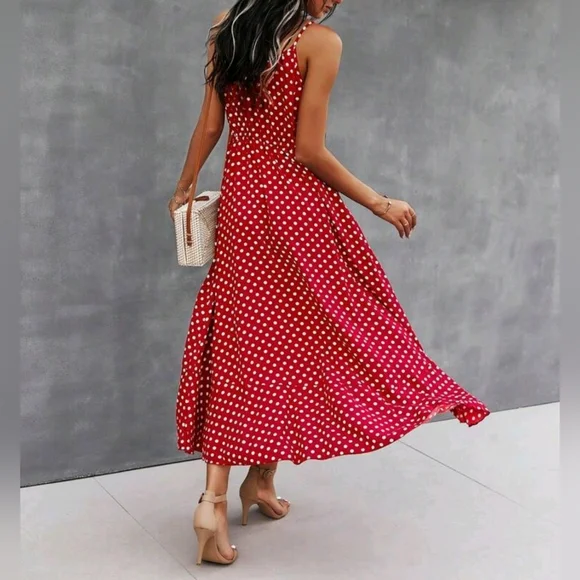 New Chic Flowy Polka Dot Button Front Cami Dress Midi Red White - Picture 4 of 8